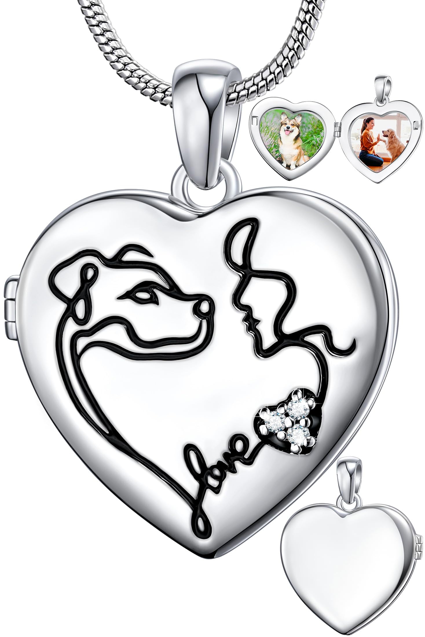 Fanery Sue Pet Locket Necklace for Women Men Heart Locket Picture Necklace Dog Memorial Gifts Cat Sympathy Gifts for Dog Mom Cat Mom Dog Sliver C9