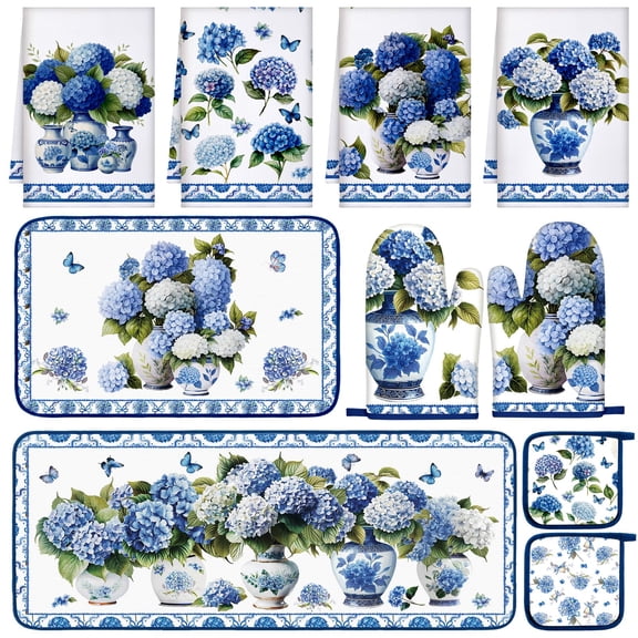Fanfanwin 10 Pcs Blue and White Porcelain Chinoiserie Kitchen Decor Set Hydrangea Kitchen Towels Oven Mitts Pot Holders Hydrangea Rugs and Mats for Cooking Baking Mom Gift Home Decor Y101