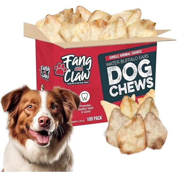 Fang & Claw 100 Count Water Buffalo Ears for Dogs – 100% Natural, Single-Ingredient, Long-Lasting Rawhide Alternative, Grain-Free