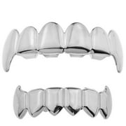 Fang Grillz Set Silver Tone Upper Top And Bottom Lower Vampire Teeth Fangs Hip Hop Grills