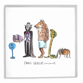 Fang Queue Greeting Card  Humorous Design with Vampire, Werewolf, Bat & Snake  Perfect for Halloween or Fun Occasions  Envelope Included