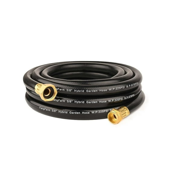 FangFarm Hybrid Garden Hose 25FT - 5/8" Heavy Duty Flexible Rubber Hose with GHT Brass Fittings - UV-Resistant Leak-proof Ideal for Lawn & Outdoor Use
