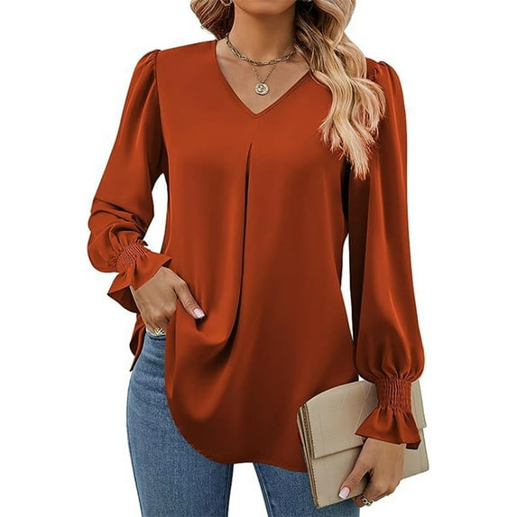 Fangasis Ladies Blouse Solid Color Tops V Neck Shirts Women Comfy Tunic Shirt Loose Work Caramel XL