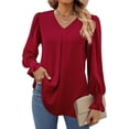 thumbnail image 1 of Fangasis Ladies Blouse Solid Color Tops V Neck Shirts Women Comfy Tunic Shirt Loose Work Claret XL, 1 of 6