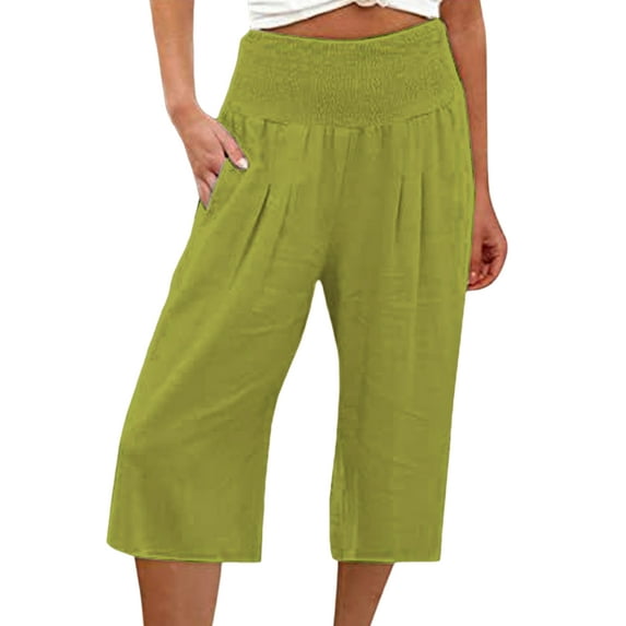 Fangasis Ladies Capri Pants Solid Color Palazzo Pant High Waist Bottoms Women Baggy Trousers Lounge Summer Fluorescent Green 2XL