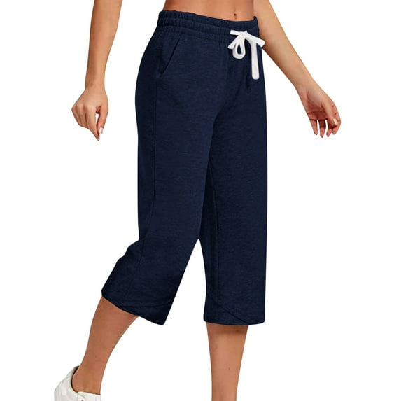 Fangasis Ladies Capris High Waist Trousers Straight Leg Capri Pants Women Lounge Bottoms Baggy Holiday Cropped Pant Navy Blue XL
