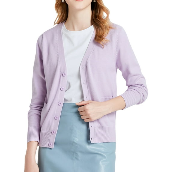 Fangasis Ladies Coat Long Sleeve Outwear V Neck Cardigan Sweater Women Cozy Jacket Knitwear Autumn Pink Purple M