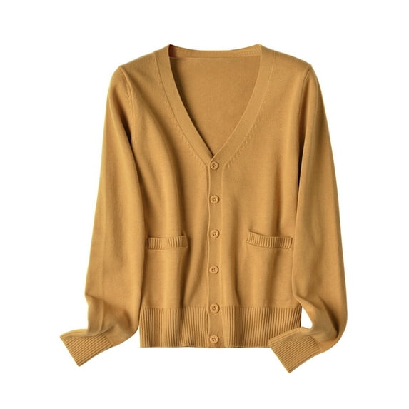 Fangasis Ladies Coat Long Sleeve Outwear V Neck Cardigan Sweater Women Cozy Jacket Knitwear Autumn Yellow 4XL