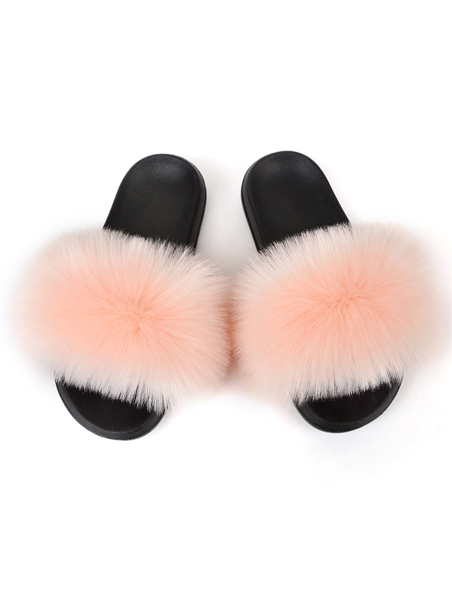 Fangasis Ladies Fluffy Slides Furry Slipper Faux Fur Fuzzy Slippers Women  Shoe Indoor Breathable Color Block Home Shoes Light Pink 6.5-7 