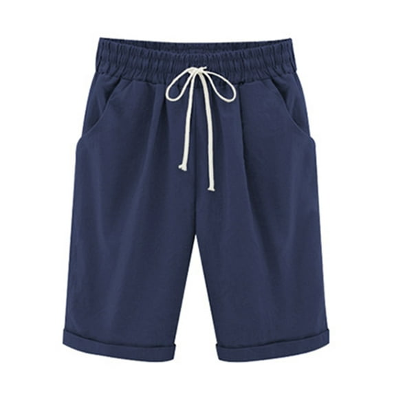 Fangasis Ladies Harem Pants Solid Color Short Straight Leg Bermuda Shorts Women Lounge Trousers Baggy Beach Bottoms Dark Blue M