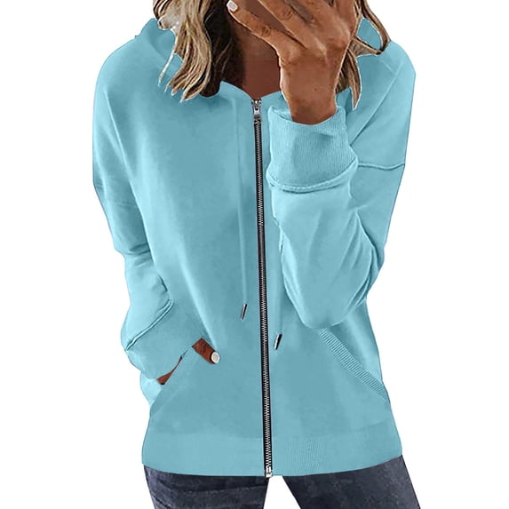 Fangasis Ladies Hooded Sweatshirts Long Sleeve Hoodies Zip Up Hoodie Jacket Women Casual Hood Sweatshirt Comfy Fall Light Blue XL
