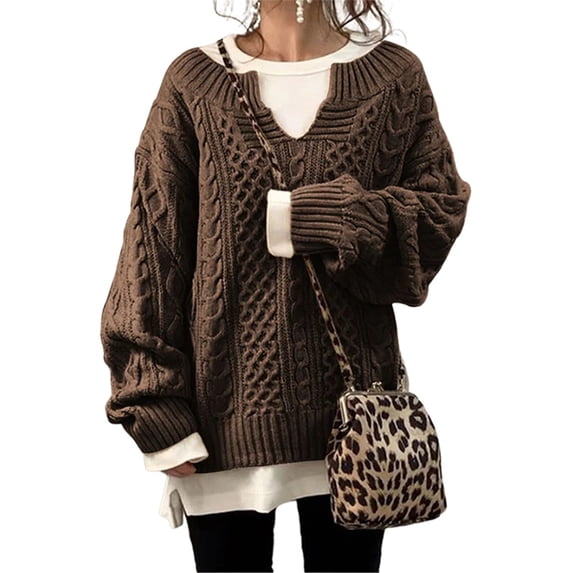 Fangasis Ladies Knitwear Casual Pullover Jumper Tops Cable Knit Sweater Women Khaki XS