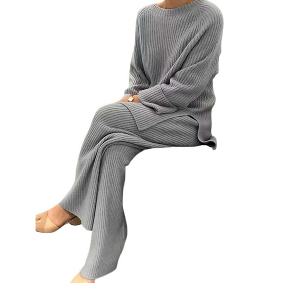 Fangasis Ladies Lounge Set Wide Leg Sweater Sets Long Sleeve Two Piece Outfits Women Elegant Pant And Sweaters Suit Comfy Fall Gray S