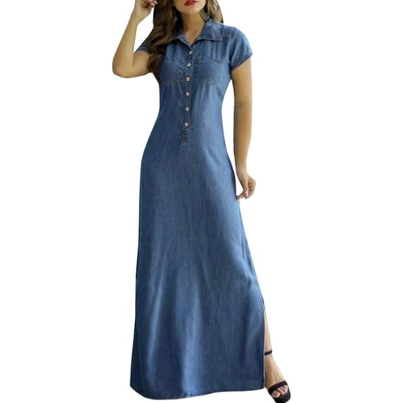 Fangasis Ladies Maxi Dresses Lapel Collar Sundress Button Down Long Dress Women Loose Kaftan Summer Light Blue L