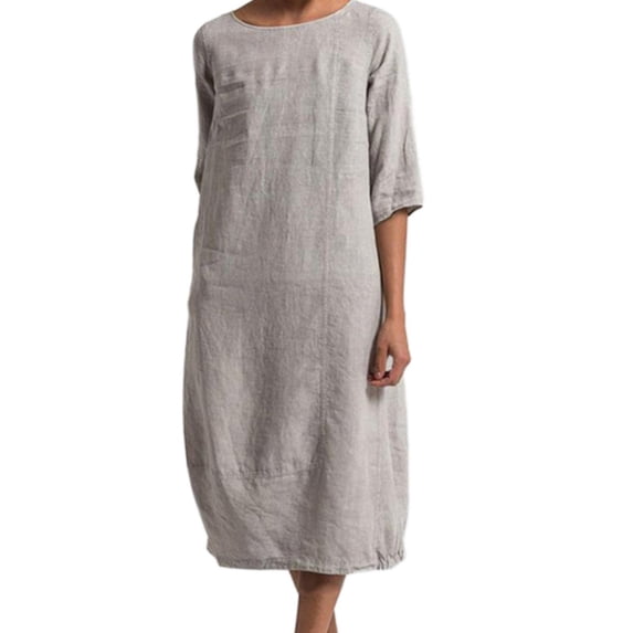 Fangasis Ladies Midi Dress Crew Neck Dresses Plain Women Relaxed Sundress Loose Fit Spring Shirt Grey S