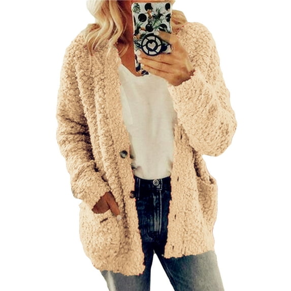 Fangasis Ladies Outwear Long Sleeve Jacket Cardigan Coat Women Loose Fluffy Party Khaki XL