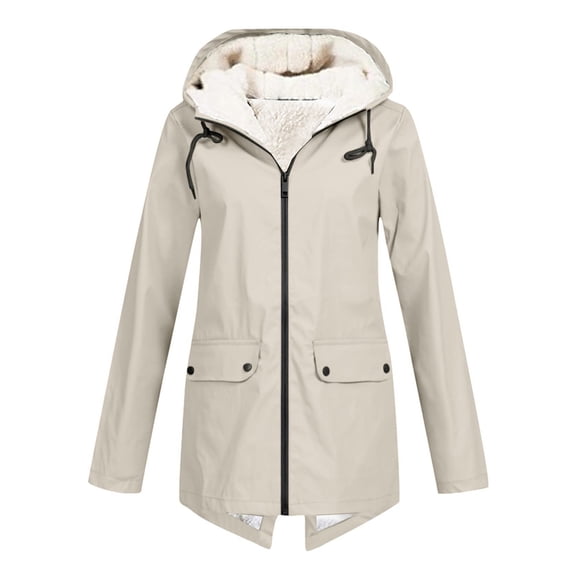 Fangasis Ladies Outwear Zip Up Hooded Coat Sherpa Lined Parka Jacket Women Windproof Trench Coats Casual Outdoor Windbreaker Apricot 2XL
