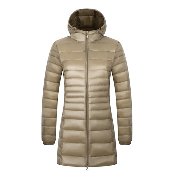 Fangasis Ladies Puffer Jacket Zip Up Down Jackets Mid Length Hooded Coat Women Casual Outwear Lightweight Outdoor Champagne 2XL