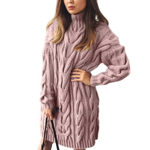 Fangasis Ladies Pullover Turtleneck Knitted Sweaters Winter Warm Jumper Tops Women Knitwear Knit Sweater Loose Chic Pink XXL