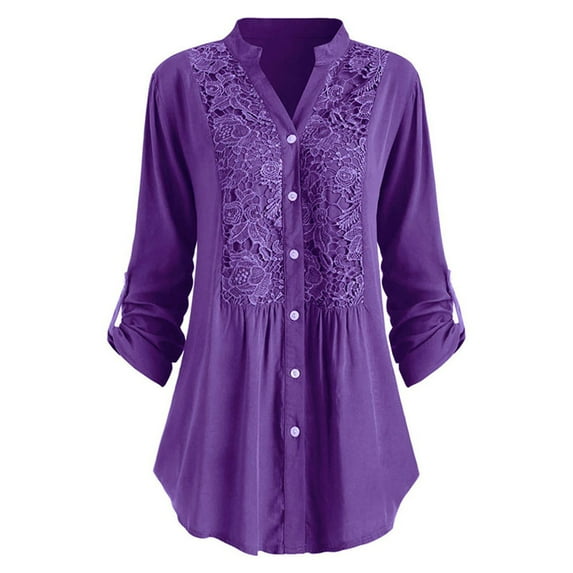 Fangasis Ladies Shirts Long Sleeve Blouse Button Up Tops Women Loose Tunic Shirt Elegant Office Purple XL