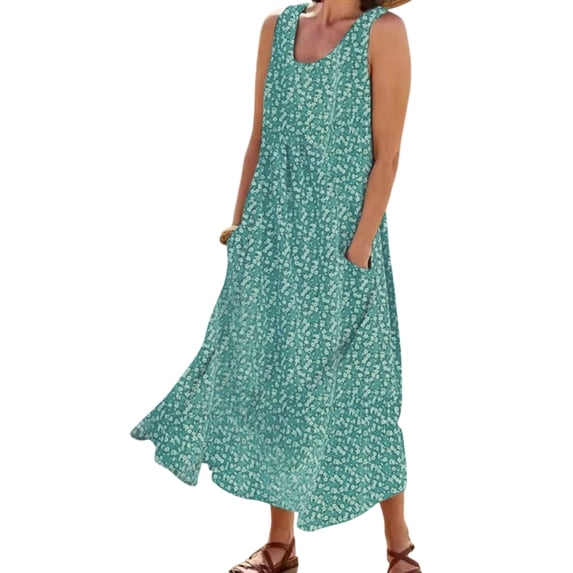 Fangasis Ladies Summer Beach Sundress Crew Neck Swing Dresses Sleeveless Long Maxi Dress Women Loose Bohemian Holiday Green S