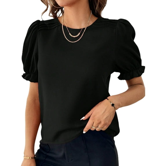 Fangasis Ladies Summer Tops Ruffle T-shirt Short Sleeve T Shirt Women Solid Color Pullover Loose Holiday Tunic Blouse Black L