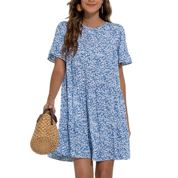 Fangasis Ladies Sundress Floral Print Swing Dresses Summer Short Mini Dress Womens Casual Holiday Blue L