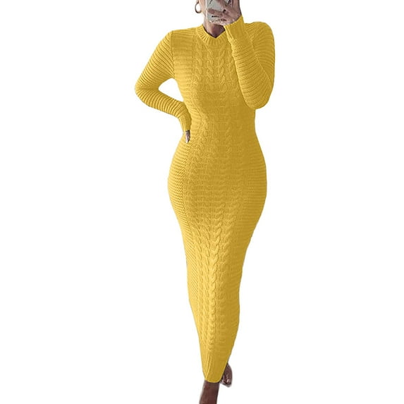 Fangasis Ladies Sweater Dress Solid Color Maxi Dresses Long Sleeve Pullover Jumper Women Casual Bodycon Work Yellow L