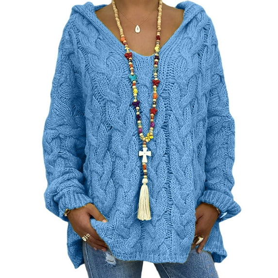 Fangasis Ladies Sweater Long Sleeve Pullover Winter Warm Jumper Tops Women Knitwear Hoodies Casual Chic Knitted Sweaters Blue L