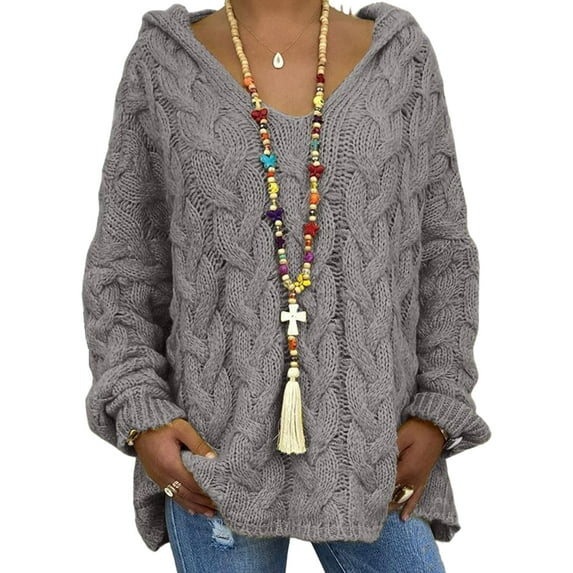 Fangasis Ladies Sweater Long Sleeve Pullover Winter Warm Jumper Tops Women Knitwear Hoodies Casual Chic Knitted Sweaters Dark Gray XXL