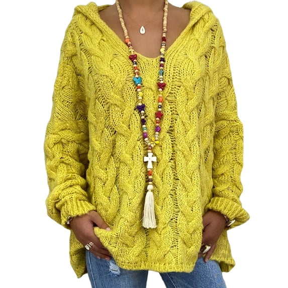 Fangasis Ladies Sweater Long Sleeve Pullover Winter Warm Jumper Tops Women Knitwear Hoodies Casual Chic Knitted Sweaters Yellow L