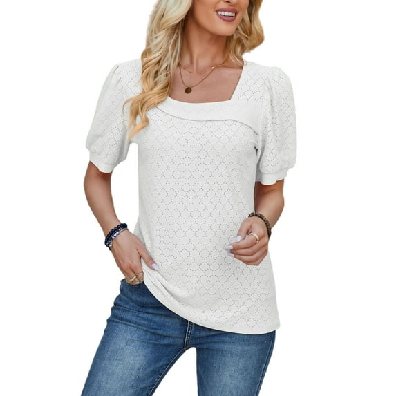 Fangasis Ladies T-shirt Puff Sleeves Summer Tops U Neck T Shirt Women Casual Tee Bohemian Work Blouse Shirts White M