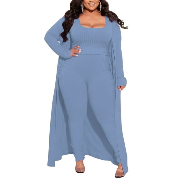 Fangasis Ladies Tracksuit Plus Size Tank Top+Cardigan+Pant Set Long Sleeve 3 Piece Ouftis Women Warm Casual Suit Comfy Travel Light Blue 1XL