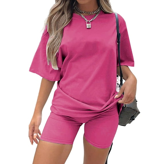 Fangasis Lady Outfits Crew Neck Sportswear Elastic Waist Tracksuit Set Women Short Sleeve Sweatsuit Solid Vacation Activewear 1# Rose Red L