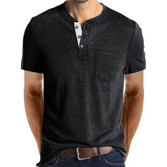 Fangasis Men Summer Tops Henley Collar T Shirts Crew Neck Blouse Mens Plain Basic Tee Casual Work T-shirt Dark Gray 2XL
