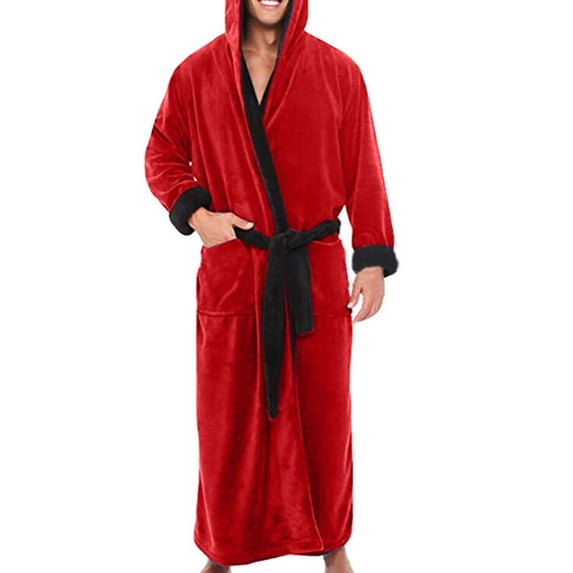 Fangasis Men Wrap Robe Solid Color Dressing Gown Hooded Bath Robes Mens Thicken Plush Nightwear Soft Home Towelling Red Black 3XL
