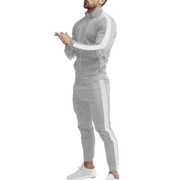 Fangasis Mens 2 Piece Jogging Set Zip Up Sweatsuits Stand Collar Tracksuit Men Athletic Jogger Sets Soft Running Sweatshirt And Sweatpants Light Gray White S