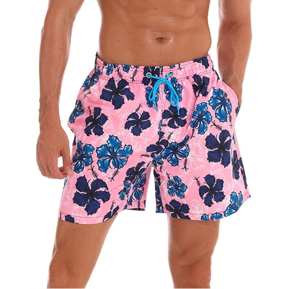 Fangasis Mens Boardshorts Drawstring Swimsuit Pocket Beach Pants Men Comfy Bathing Suit Quick Dry Swimming Pool Beachwear Pink Flower 2XL