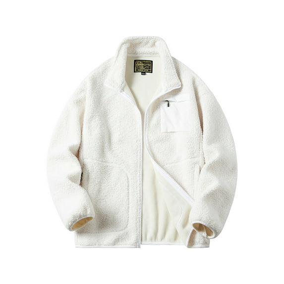 Fangasis Mens BomberJacket Long Sleeve Fleece Line Outweat Zip Up Sherpa Coat Men's Slim Fit Casual Winter White S