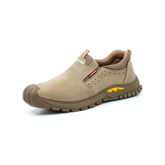 Fangasis Mens Protection Boot Lightweight Safety Shoes Slip Resistant Work Boots Outdoor Slip-On Chelsea Booties Khaki 4.5