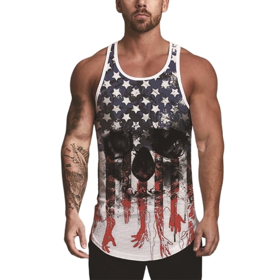 Fangasis Mens Summer Tops Sleeveless Tank American Flag Print Muscle Shirts Men's Casual T-shirt Loose Fitness Tee Style E S