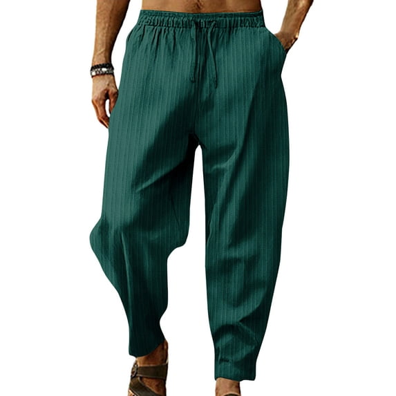 Fangasis Mens Trousers Elastic Waist Linen Pants Solid Color Summer Pant Men Breathable Bottoms Fitted Yoga Blackish Green L