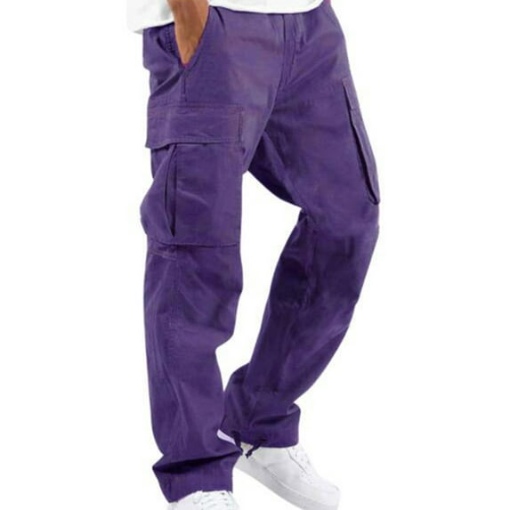 Fangasis Mens Trousers Solid Color Pants Elastic Waist Bottoms Men Fitted Cargo Pant Leisure Sports Loungewear Purple 2XL