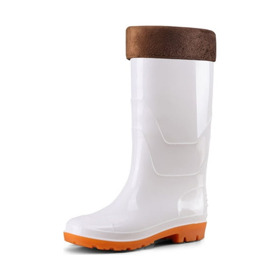 Fangasis Unisex Rain Boots Casual Garden Shoes Wide Calf Rubber Boot Work Comfort Waterproof White Tall Cylinder (velvet) 6