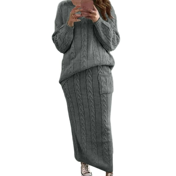 Fangasis Women 2 Piece Outfits Long Sleeve Sweater Sets Crew Neck Skirt Set Ladies Casual Suit Elegant Holiday Pullover Top And Pencil Skirts Dark Gray S