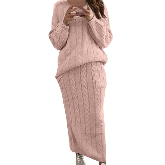 Fangasis Women 2 Piece Outfits Long Sleeve Sweater Sets Crew Neck Skirt Set Ladies Casual Suit Elegant Holiday Pullover Top And Pencil Skirts Pink 2XL