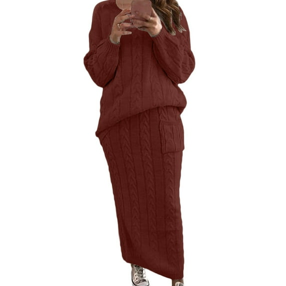 Fangasis Women 2 Piece Outfits Long Sleeve Sweater Sets Crew Neck Skirt Set Ladies Casual Suit Elegant Holiday Pullover Top And Pencil Skirts Wine Red XL