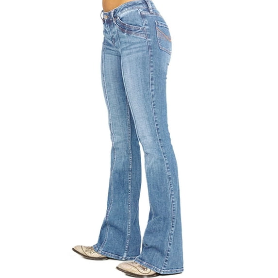 Fangasis Women Bell-bottom Buttoned Denim Pants Pockets Trousers Ladies Classic Bootcuts Washed Street Jeans Light Blue 2XL