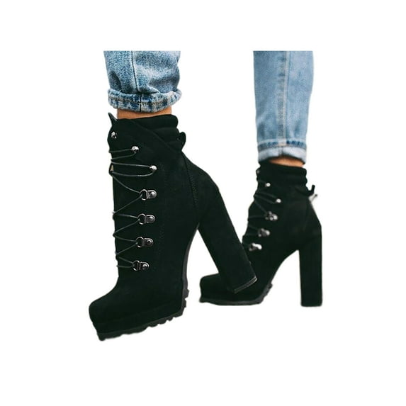 Fangasis Women Block Heels Bootie Mid Top Ankle Boots High Heel Booties Walking Casual Winter Shoes Black 7.5