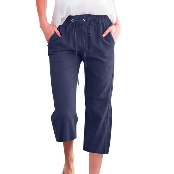 Fangasis Women Bottoms Cropped Trousers Wide Leg Capri Pants Ladies High-Waist Cotton Linen Pant Breathable Summer Palazzo Dark Blue L